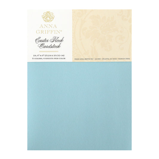 Spring Flocked Cardstock pack features 6 pastel colors, 4 sheets each (9"x12"), ideal for spring crafts. Blue sheet is visible in the set.