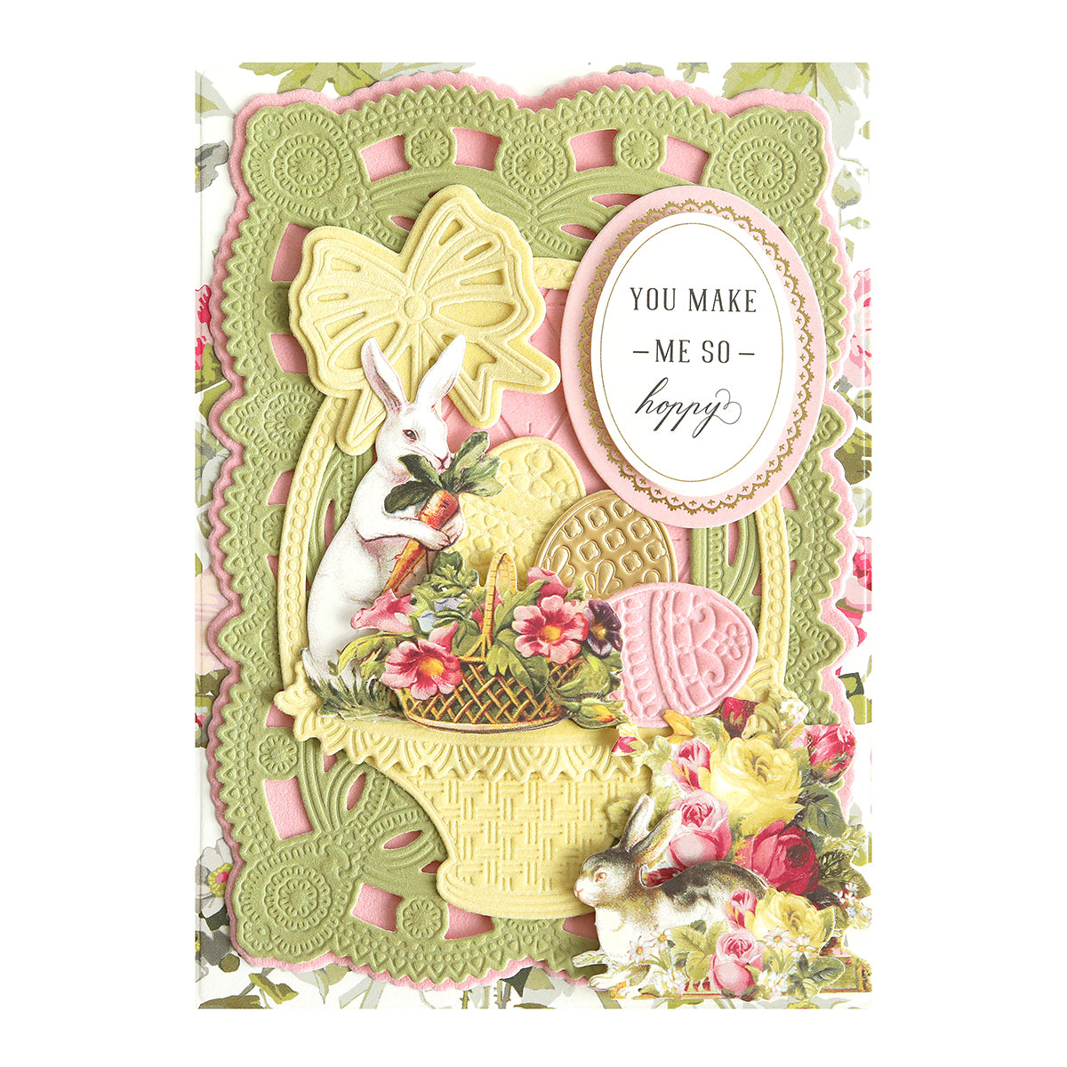 Spring Flocked Cardstock greeting card features ornate pastel layers with rabbits, flowers, Easter eggs, and a basket. The card reads "You make me so hoppy." Perfect for spring crafts and celebrations.