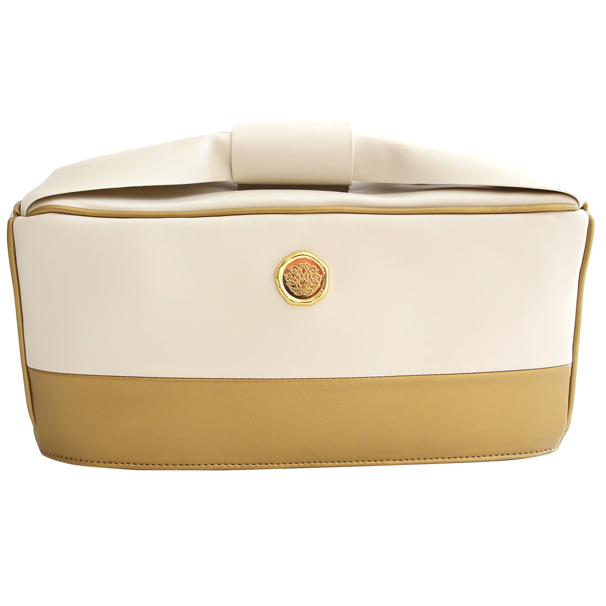The Empress Elite or Empress Dust Cover is a cream and beige handbag adorned with a gold circular emblem and equipped with a top handle, making it perfect for crafting enthusiasts on the go. It's ideal for carrying essentials from your craft room to your next creative adventure.