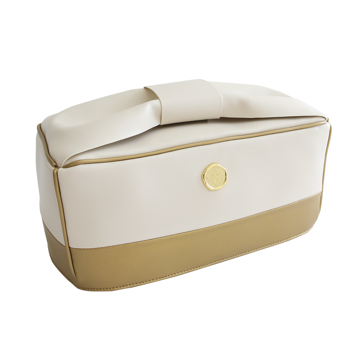 The Empress Elite or Empress Dust Cover is a two-tone beige and cream rectangular bag, featuring a wide handle and a round gold emblem on the side, ideal for transporting your crafting essentials from the die-cutting machine in your craft room.
