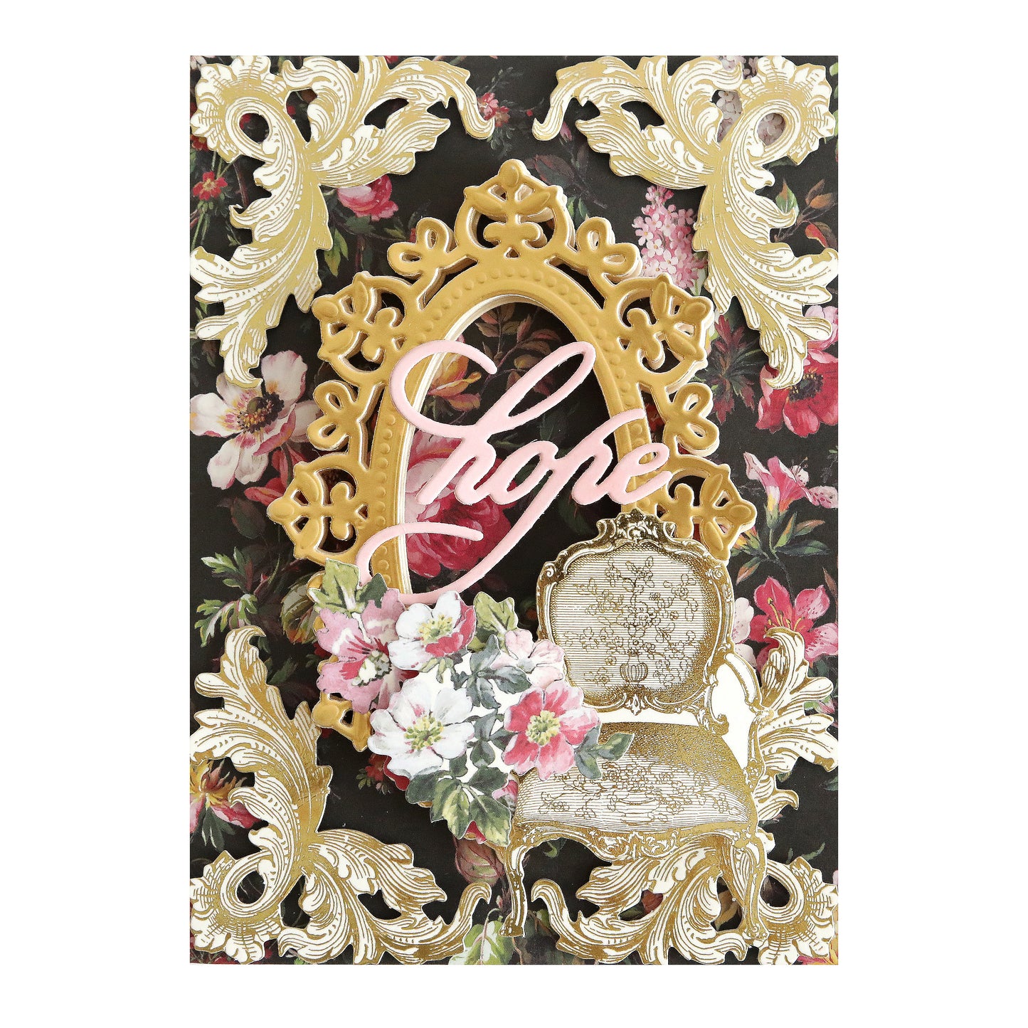 Vintage-inspired floral greeting card with ornate gold details and the word "love".