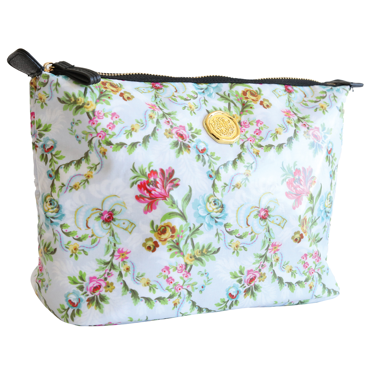 The Phoebe Large Cosmetic Bag showcases a floral print with a gold emblem on a white background and features a nylon interior. This spacious cosmetic bag measures 11″ x 7.5″ x 5.25″, offering ample room for all your essentials.