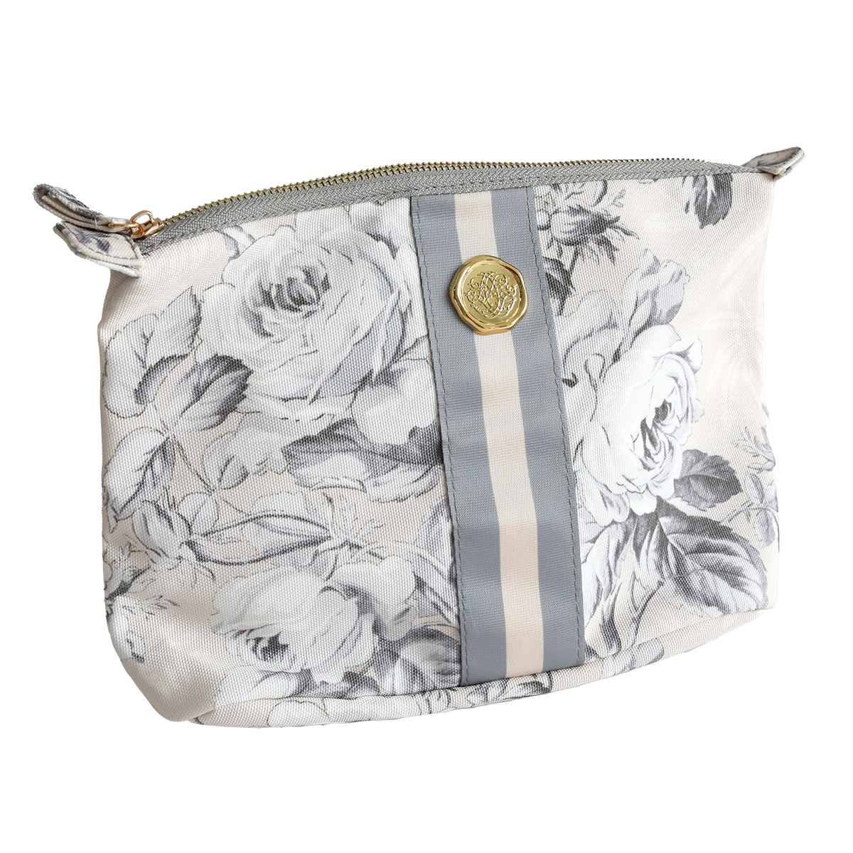 The Faded Rose Large Cosmetic is a durable cotton makeup bag with a white pouch, gray floral print, vertical gray/beige stripe, gold button detail, and zipper—perfect for travel or everyday use.