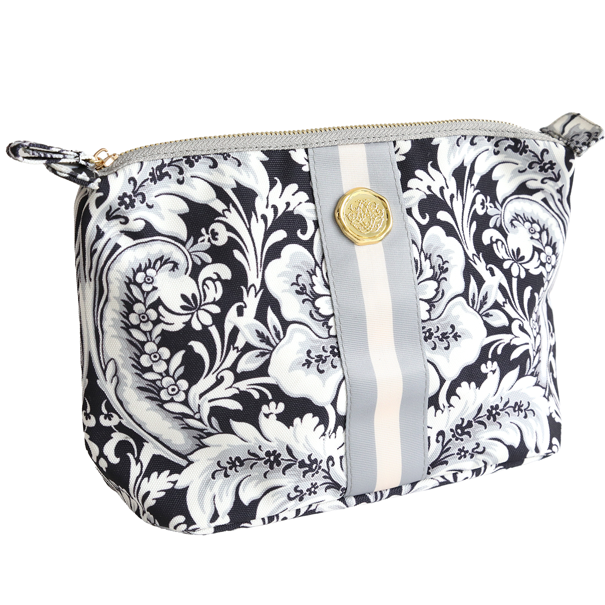 The Damask Noire Large Cosmetic is a black and white floral zippered pouch with a central gray and cream stripe, crafted from durable cotton with a gold emblem—ideal as a spacious cosmetic or travel toiletry bag.
