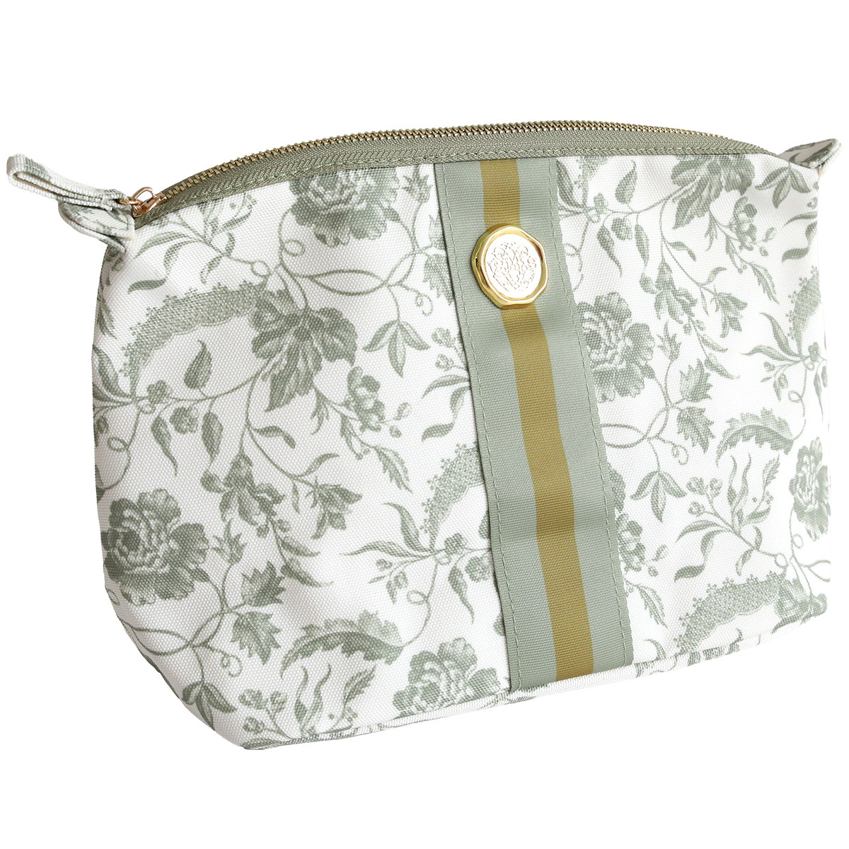 The Green Climbing Rose Large Cosmetic is a durable cotton bag with a green floral pattern, zipper closure, and a green and gold stripe with a round emblem—ideal for organizing travel essentials.