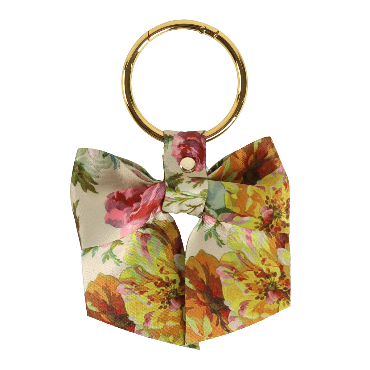 The Francesca Bag Charm is a gold keyring adorned with a fabric bow in a vibrant floral print of yellow, green, red, and pink—an enchanting accessory that adds the perfect decorative touch to your purse.