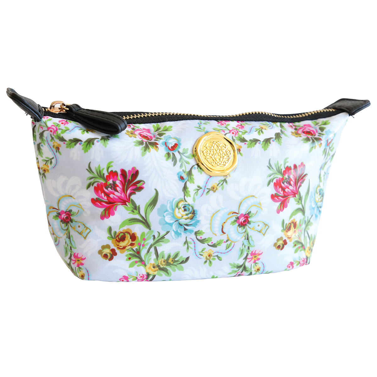 The Phoebe Small Cosmetic Bag features a floral-patterned exterior with a gold emblem and zip closure, complemented by black accents on the sides. Its dimensions provide the perfect amount of space, while the nylon interior ensures durability and easy cleaning.