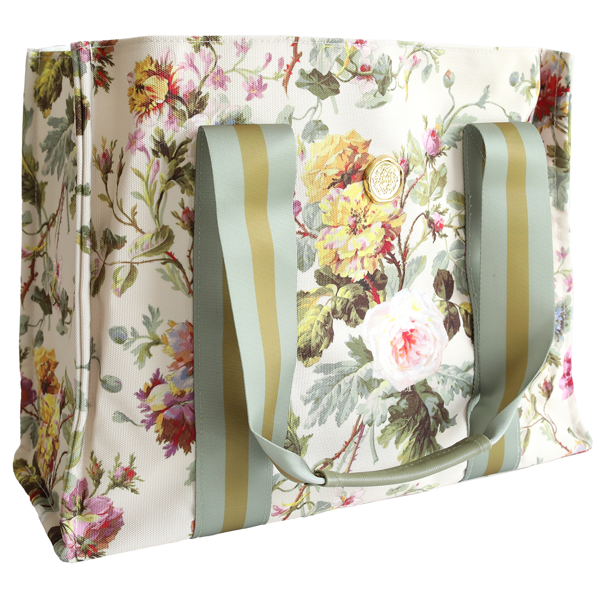 The Francesca Tote Bag is a rectangular, all-purpose cotton tote with a floral print, large green-striped handles, and a cream background for stylish durability.