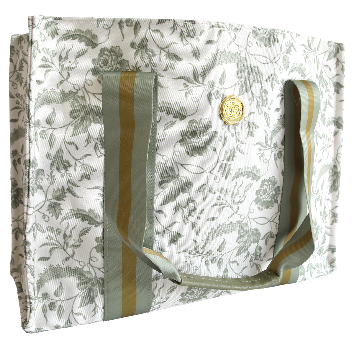 The Green Climbing Rose Tote Bag features a rectangular shape, green floral pattern, green and gold striped handles, a round gold front emblem, and a zippered pocket, all displayed on a white background.