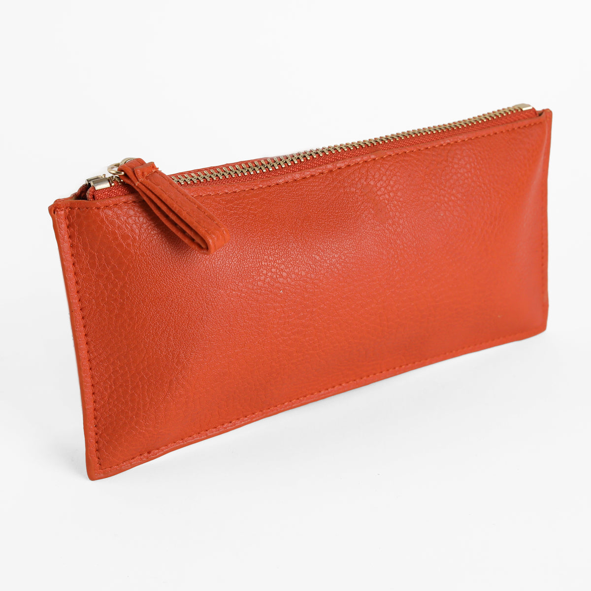 Tangerine Orange Pencil Case featuring a rectangular shape, faux leather material with a textured surface, and a gold zipper, displayed against a plain white background.
