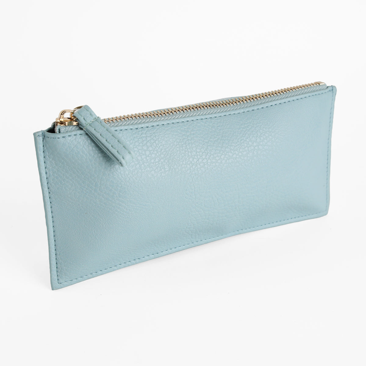 Beach Glass Blue Pencil Case—a light blue faux leather zipper pouch with a gold zipper, photographed on a white background; a stylish pencil case and perfect gift for an artist.