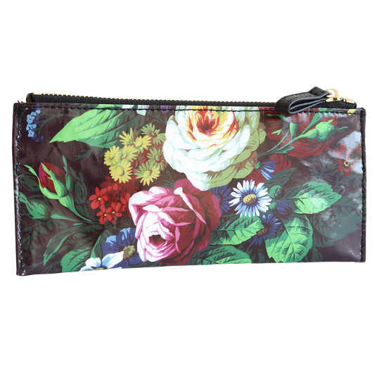 Astrid Pencil Case designed to store craft tools, featuring a variety of brightly colored flowers on a dark background.
