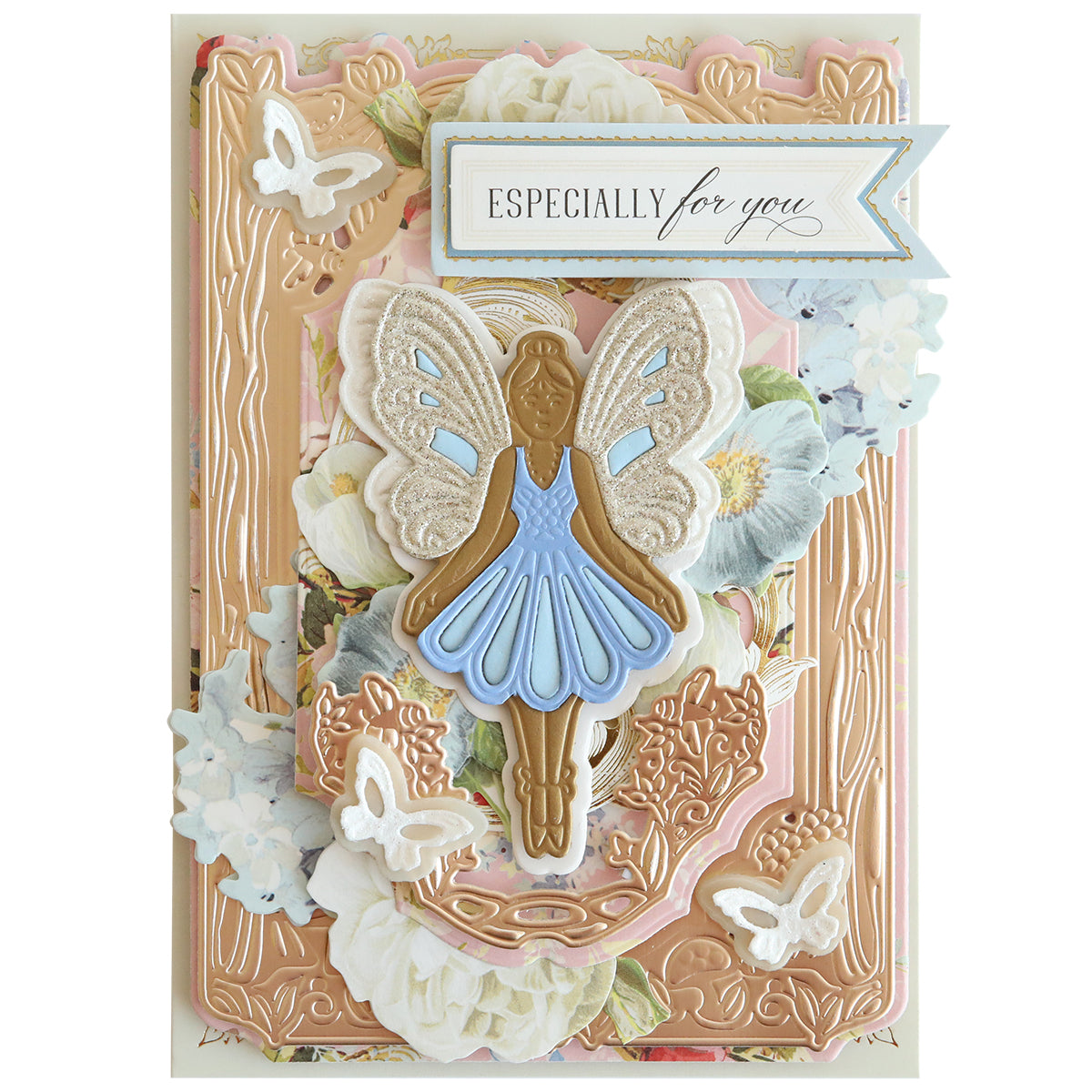 Elaborate greeting card with 3D Fairy Scene Dies design, sprinkled with pixie dust, and an "especially for you" message.