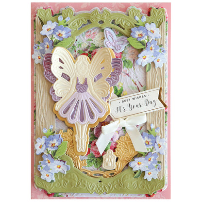 Greeting card with a 3D Fairy Scene Dies design and "best wishes it's your day" message, adorned with pixie dust.