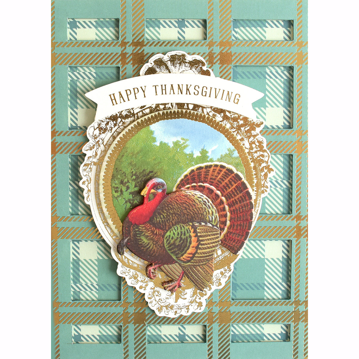 Thanksgiving card showcasing a decorative turkey illustration at the center, with "Happy Thanksgiving" elegantly scripted above on trendy Fall Plaid 5x7 and 12x12 Cardstock, reflecting current fall styles.