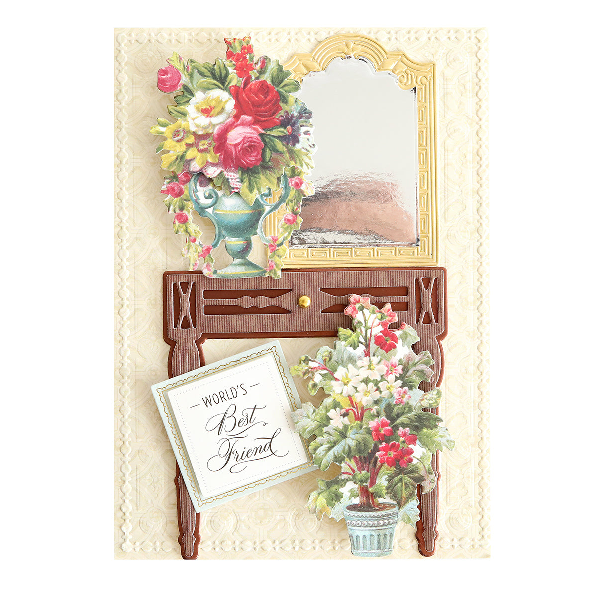 Greeting card featuring Flower Pot Stickers, a decorative mirror, vibrant floral arrangements, and a "World's Best Friend" card on a textured background; handcrafted to show appreciation to someone special.