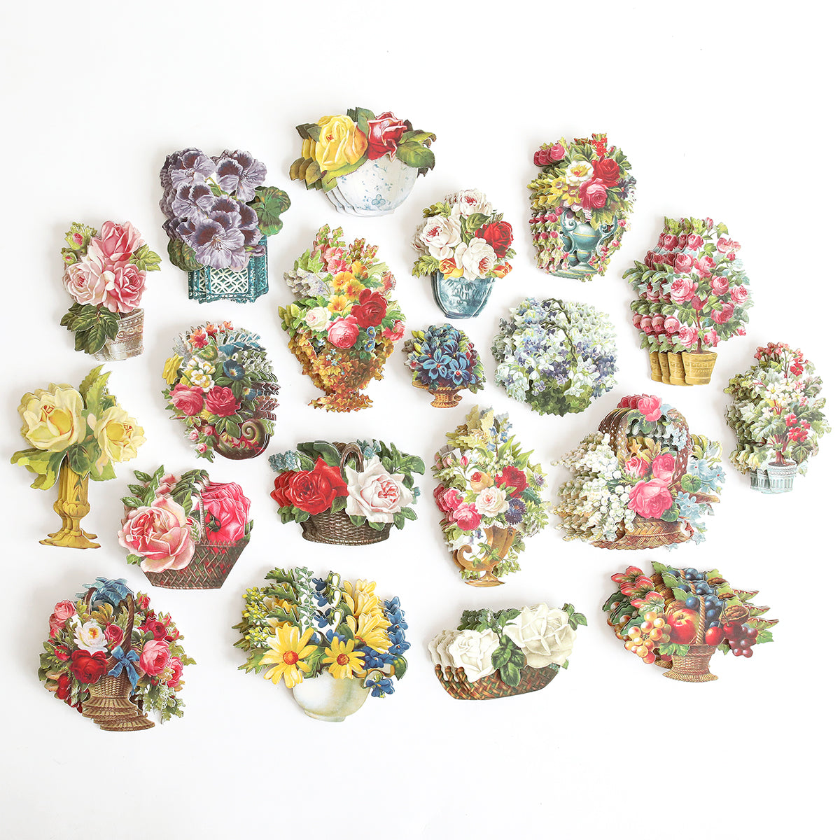 Colorful floral arrangements in baskets and vases are displayed with Flower Pot Stickers, all set against a white background.