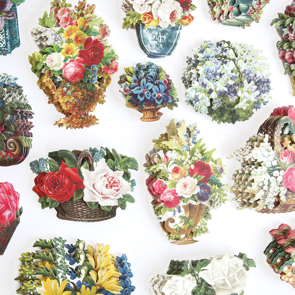 A selection of colorful Flower Pot Stickers showcasing floral arrangements in baskets and pots on a white background, paired with exquisite handcrafted cards.