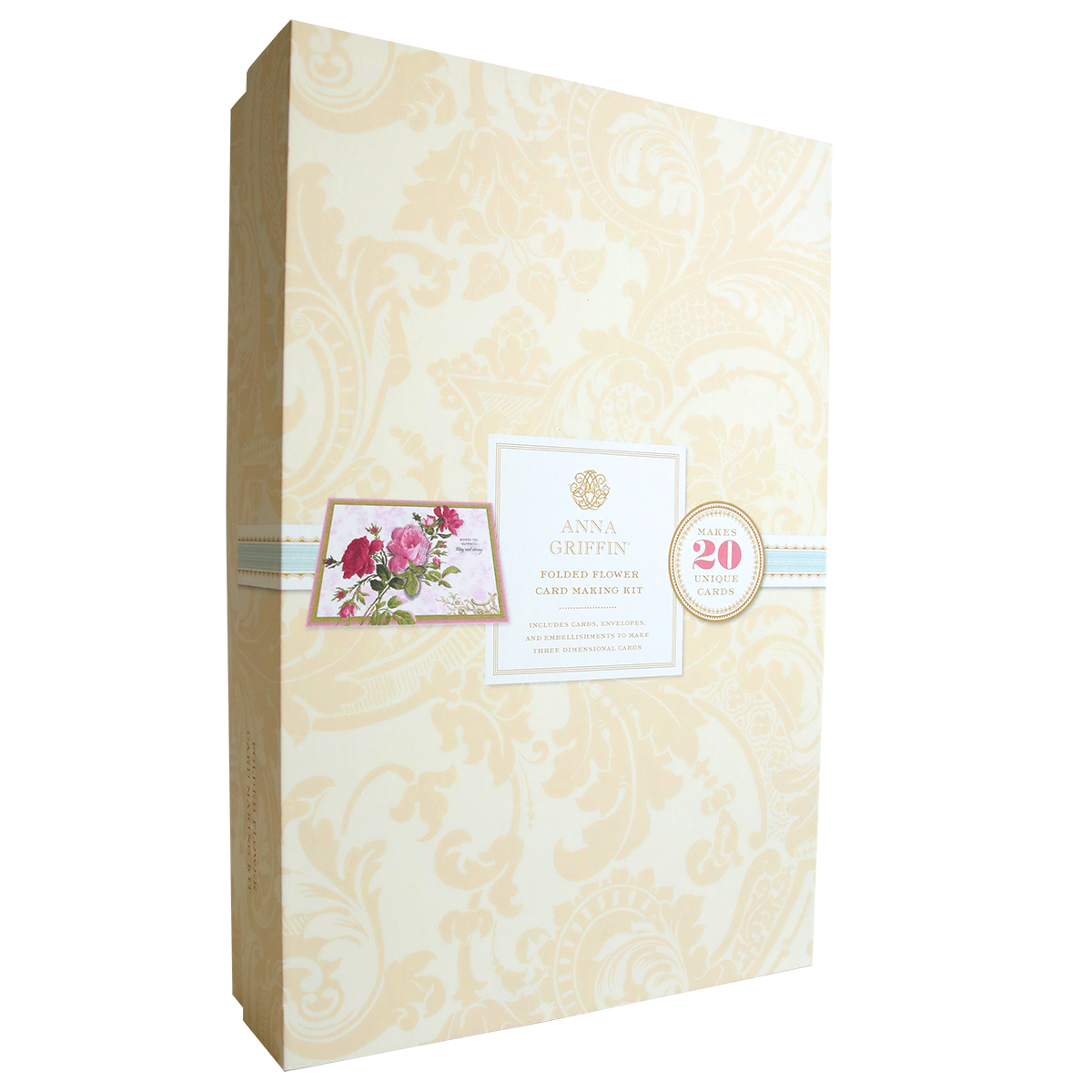 Elegant Folded Flower Birthday Card Kit package with floral and gold swirl design, featuring branding and a 20th-anniversary seal.