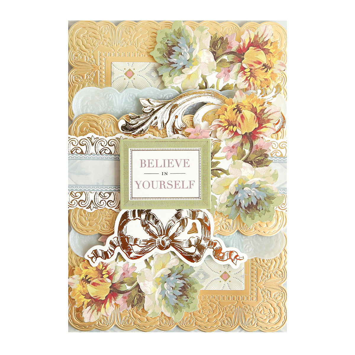 Beautiful greeting card featuring gold accents, floral patterns, and a central “Believe in Yourself” message, elegantly embellished with floral rub on transfers from the Ultimate Francesca Papercrafting Collection with Rub Ons—an inspiring addition to your scrapbook supplies.