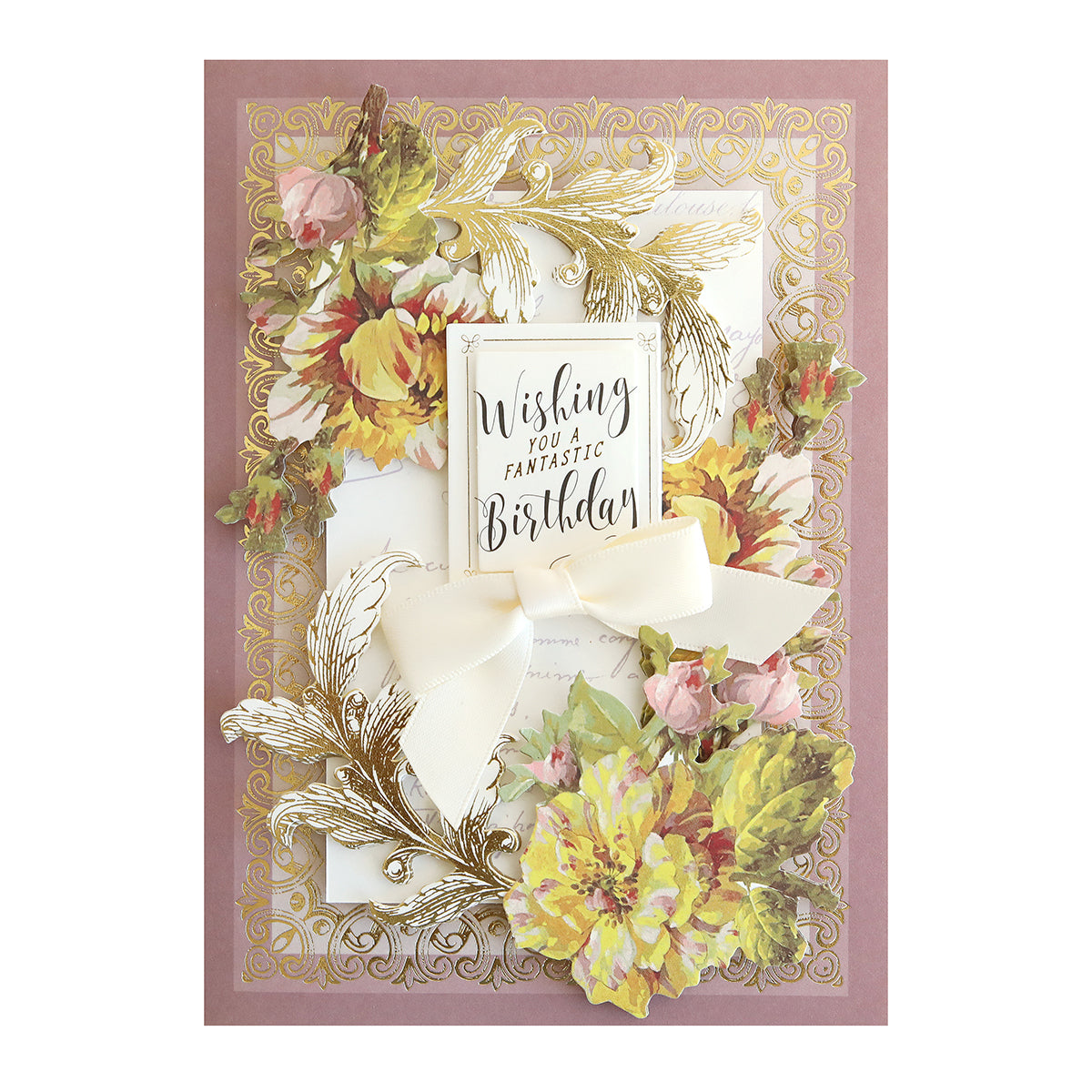 The Francesca Embellishments greeting card features gold floral designs, a large cream bow, and the message "Wishing You A Fantastic Birthday" at the center, accented with 3D dimensional floral stickers for a stylish effect.