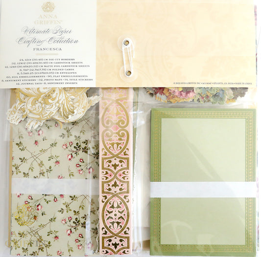 The Ultimate Francesca Papercrafting Collection includes floral and ornate paper pieces, green and gold bordered cards, and decorative die-cut accents in a clear plastic package labeled "Anna Griffin Francesca.