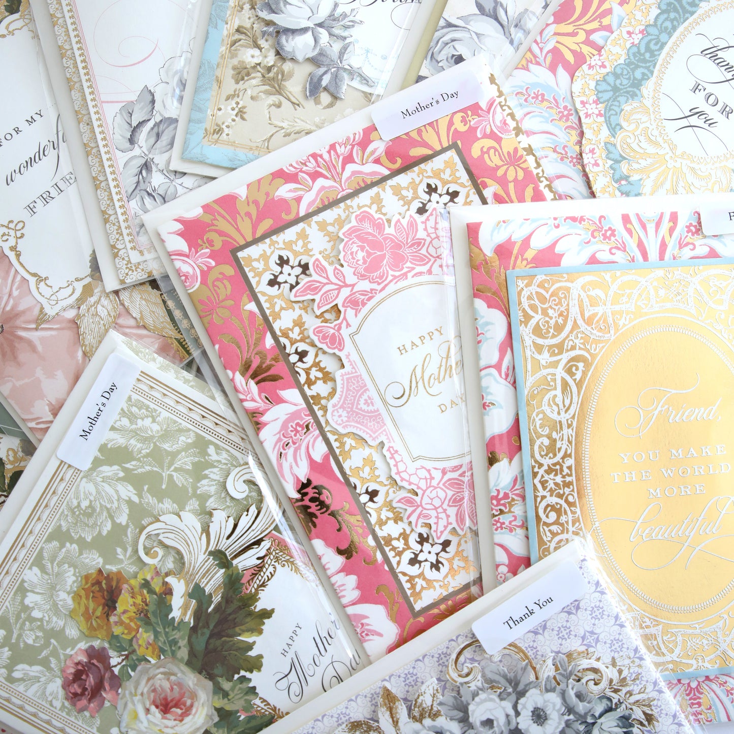 The Handmade Card Assortment features ornate floral and decorative designs with messages for Mother's Day, friendship, and thank you notes—perfect assorted greeting cards for any special occasion.
