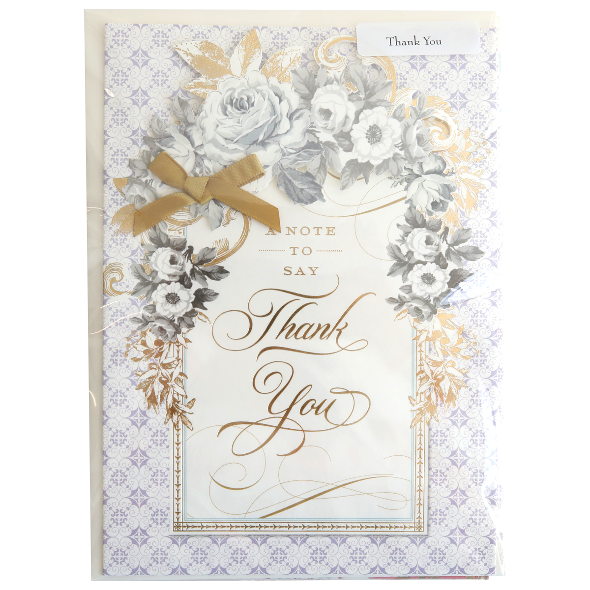 The Handmade Card Assortment features decorative handmade cards with gold script, floral designs, and a gold ribbon, each displaying the words "A Note to Say Thank You" on the front.