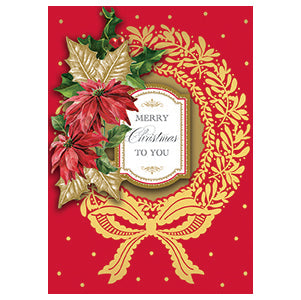 The Red/Gold Wreath Single Card features a red Christmas card with a gold wreath design adorned with red poinsettias and green leaves, with the text "Merry Christmas to You" inside.