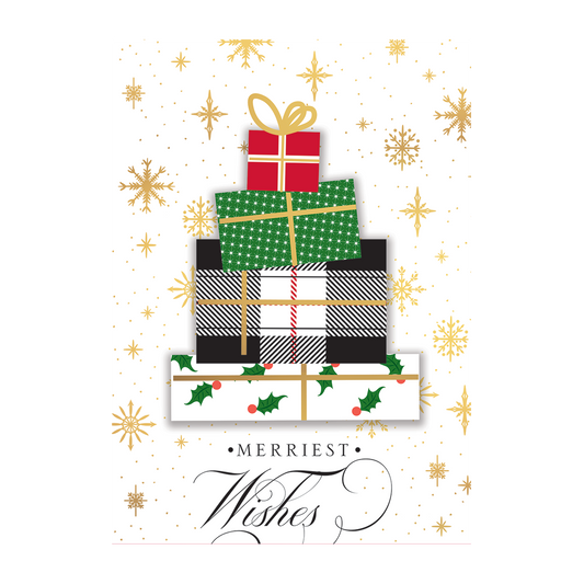 The Plaid Gift Tree Single Card features stacked gift boxes with diverse patterns and a golden bow. Gold snowflakes and holly enhance the design, with "Merriest Wishes" inscribed below.