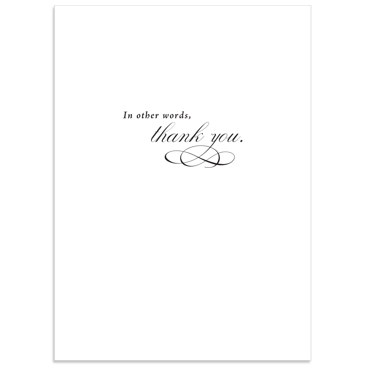 The Damask Thank You Card features "In other words, thank you" in cursive on a white background and includes a lined envelope for an elegant touch.
