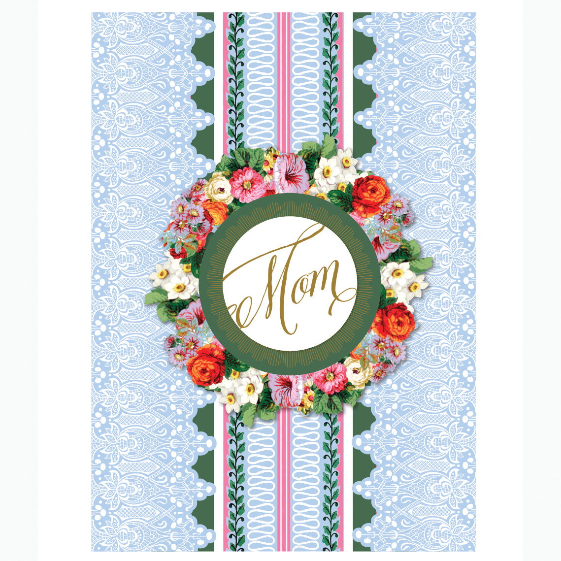 The Acanthus Mom Card showcases an intricate floral design centered around "Mom" in elegant script, with lace patterns and colorful flowers. It's perfect for Mother's Day, highlighted by stunning gold foil accents.
