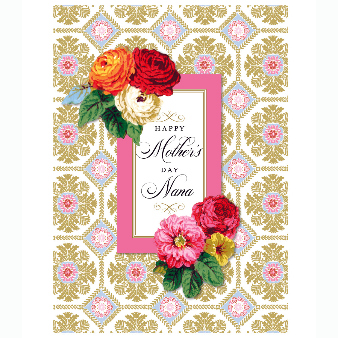 The Acanthus Happy Mother's Day Nana Card, sized 5" x 7", features a pink border and ornate background with red, pink, and yellow roses. Elegant gold foil detailing adds sophistication, and it includes a printed lined envelope.