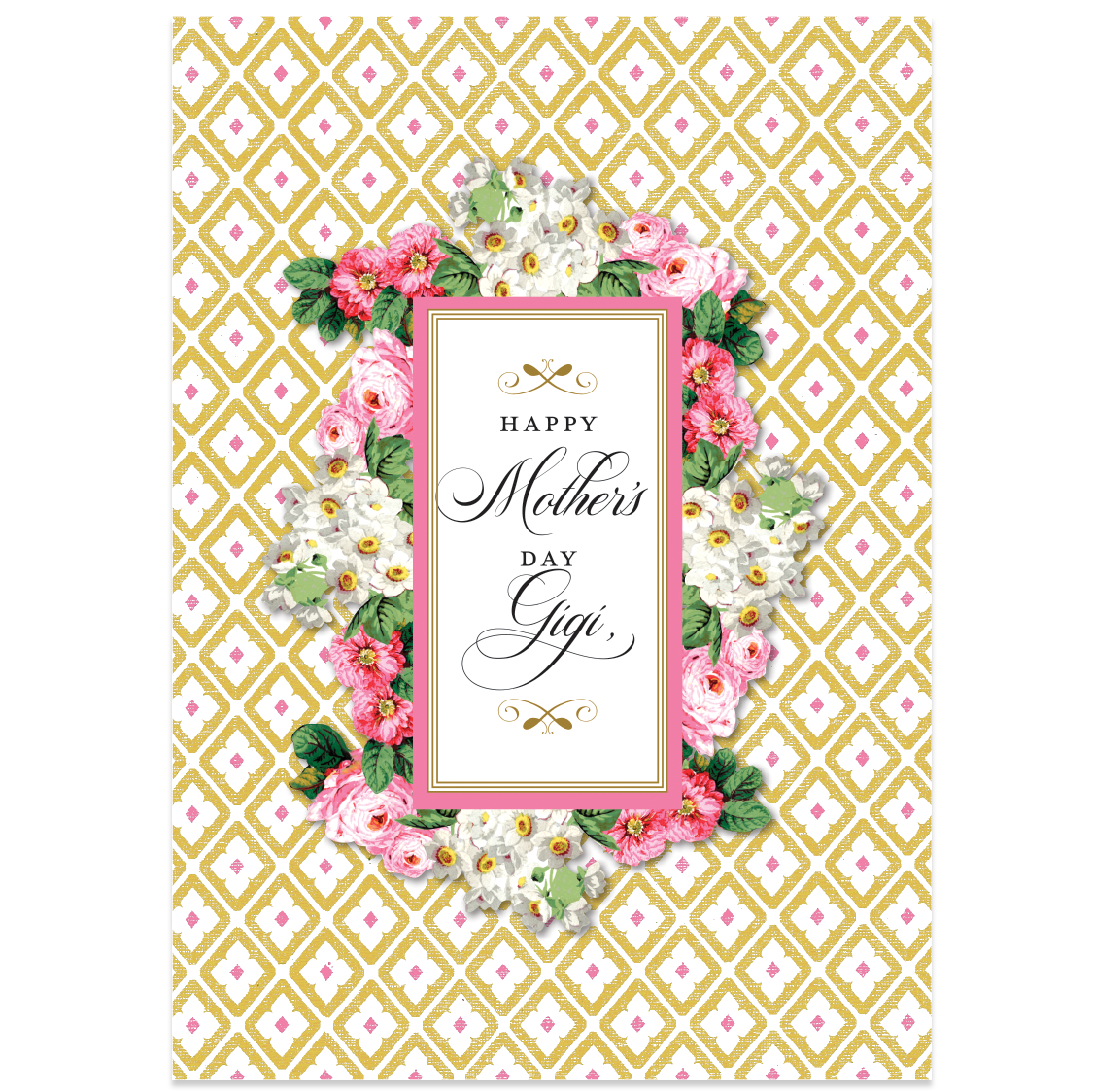 The Annalise Happy Mother's Day Gigi Card features a floral border of white and pink flowers with gold foil accents, displaying the message "Happy Mother's Day, Gigi" in decorative script on a gold and white patterned background. It includes a printed lined envelope for an extra touch of love.