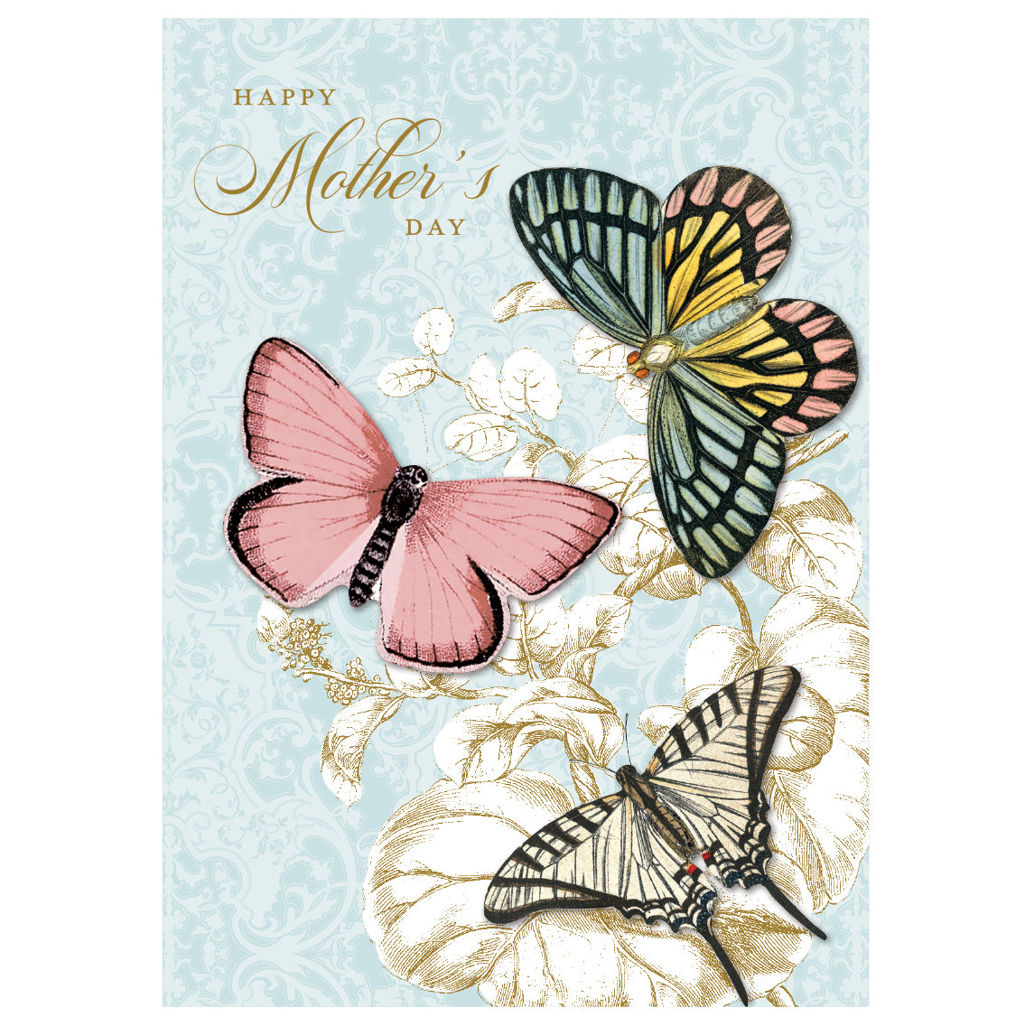 The Butterfly Mother's Day Card showcases three butterflies on a floral background with elegant "Happy Mother's Day" text and gold foil accents, accompanied by a printed lined envelope for an added touch of elegance.