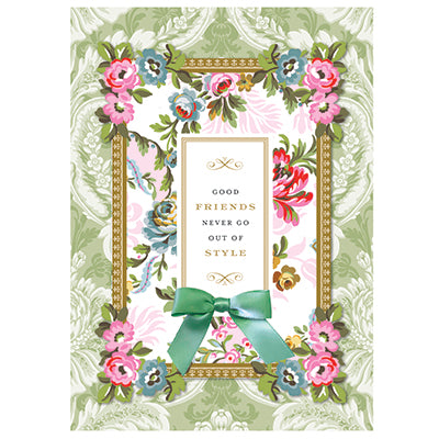 A Phoebe Friendship Card with a green bow and floral frame.