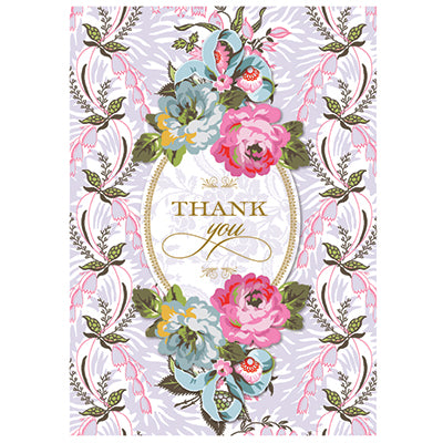 A Phoebe thank you card with blue and pink flowers.
