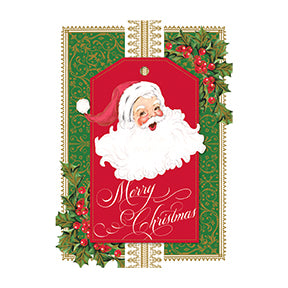 The "Merry Santa Single Card" is a vintage-style Christmas card showcasing Santa's face on a red background, adorned with "Merry Christmas" in script, holly, and green ornamental patterns.