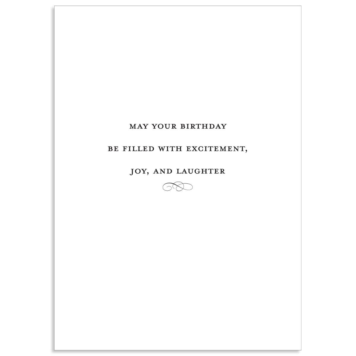 The Francesca Happy Birthday Card is a white card featuring black text with a touch of gold foil, reading "May your birthday be filled with excitement, joy, and laughter," along with a small decorative design.