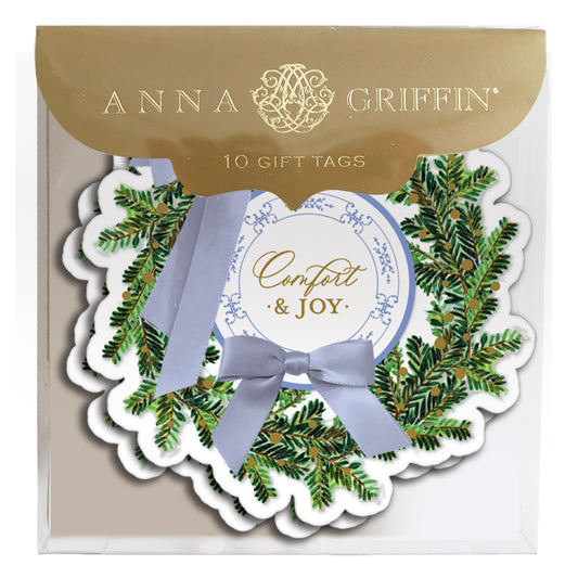 The Comfort Wreath Tag 10ct includes 10 large gold foil gift tags by Anna Griffin, each with a wreath design, gray bow, and "Comfort & Joy" in the center.