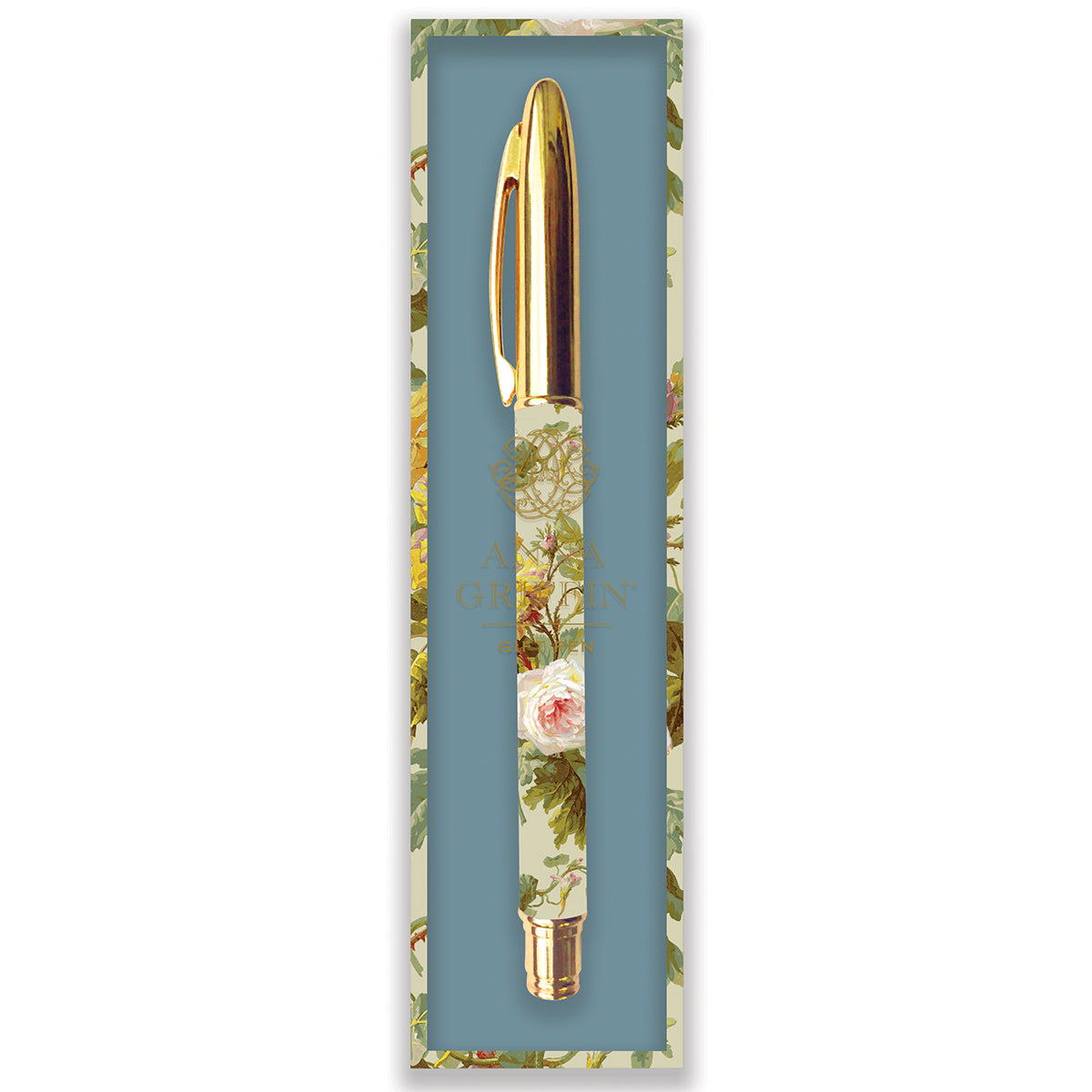 The Francesca Hostess Gift Set features a floral-patterned pen with gold accents in a matching decorative box with a blue background—perfect for gifting to any hostess.