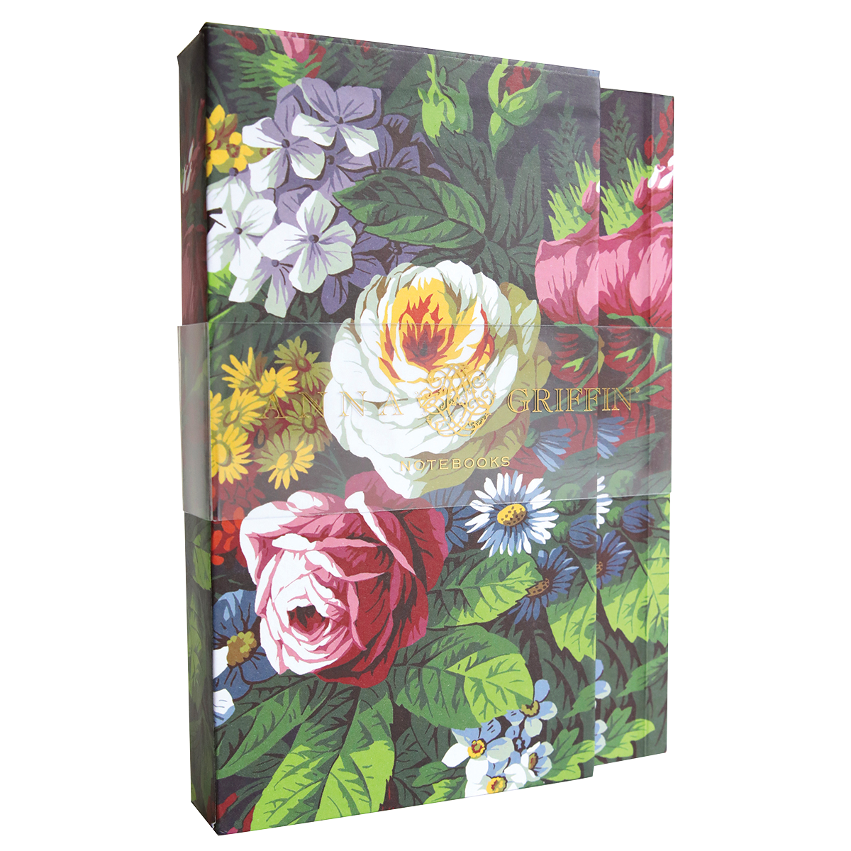 The Phoebe Floral Notebook Set includes two 4.75″ x 6.5″ lined notebooks with vibrant floral covers—roses and other blooms—wrapped in a translucent "GRIFFIN NOTEBOOKS" band. Each notebook contains 30 pages.