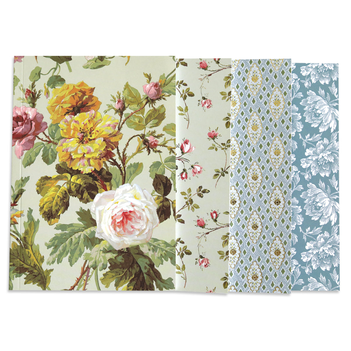 The Francesca Notebook Set includes four wallpaper-like samples: large roses, small roses, geometric florals, and white flowers on blue. Ideal for adding charm to walls or lining spiral journal pages with gold foil accents.