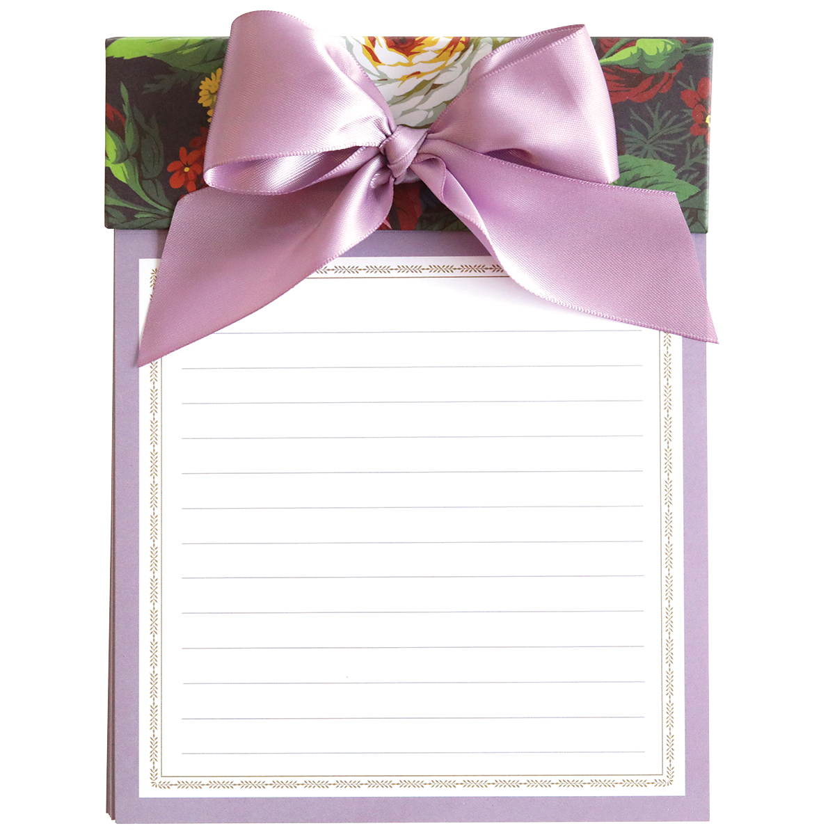 An elegant Astrid Floral Bow Pad gift box with a purple ribbon and a large notepad with lined and perforated sheets on top.
