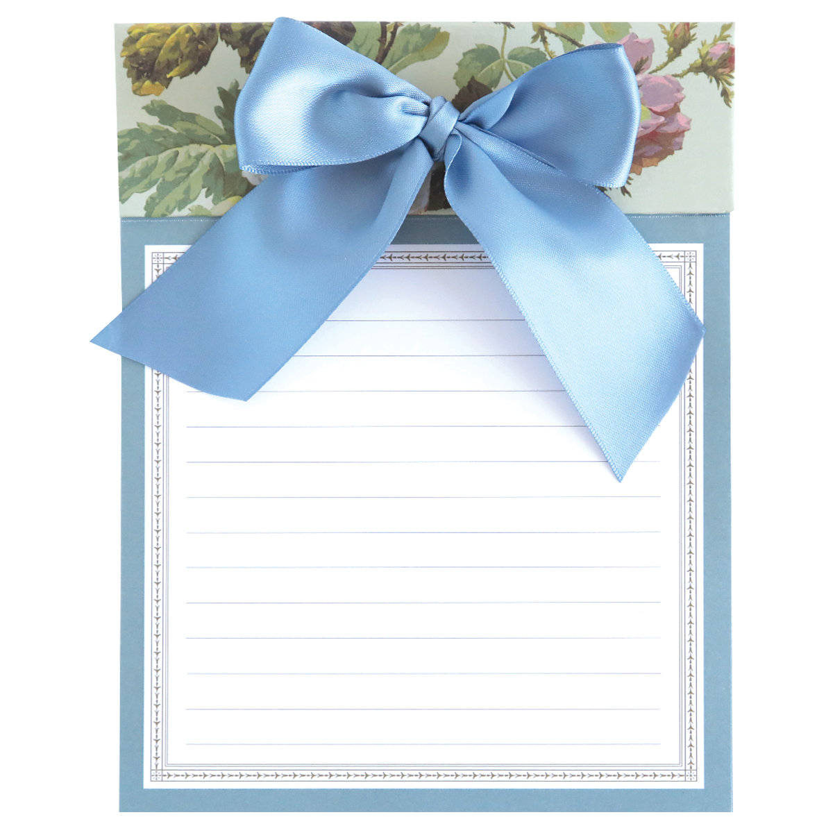 The Francesca Bow Pad is a notepad with a floral design background, perforated sheets, and a decorative blue ribbon on top.