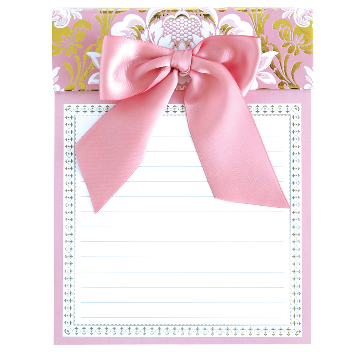 The Pink Damask Bow Pad is a pink and gold decorative notepad featuring a large pink bow on top, lined sheets, and perforated pages for easy tearing.