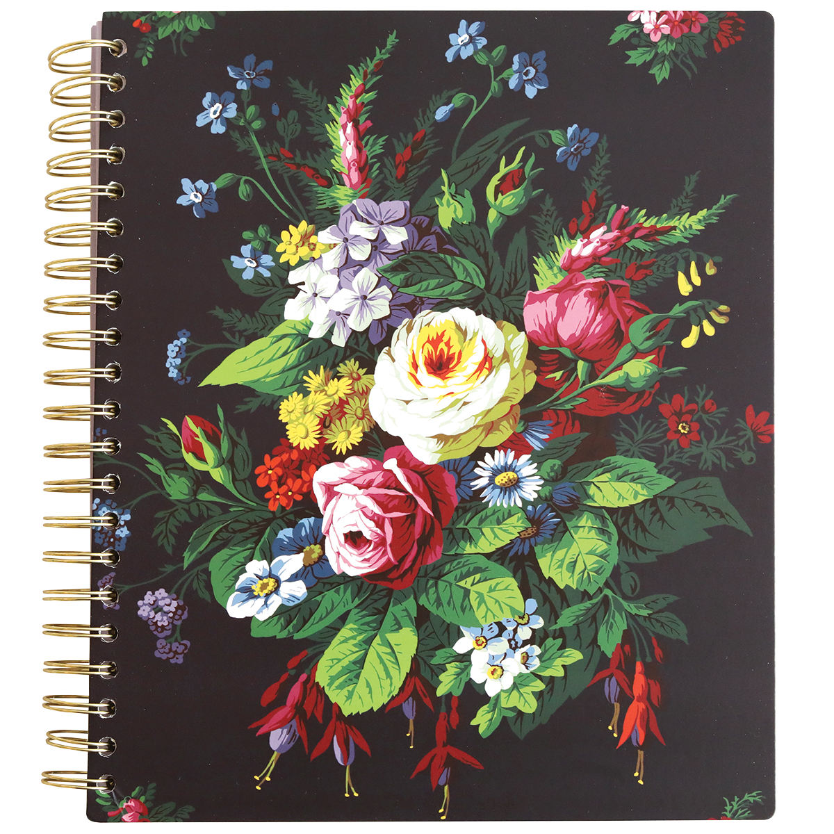 Spiral-bound Astrid Floral Spiral Notebook with gold foil accents and a colorful floral pattern on the cover.