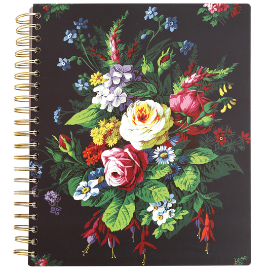 Spiral-bound Astrid Floral Spiral Notebook with gold foil accents and a colorful floral pattern on the cover.