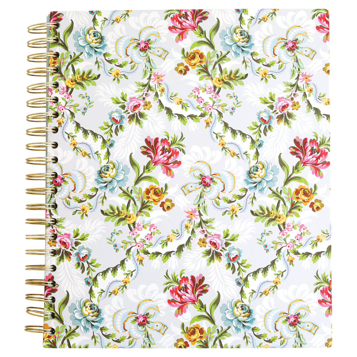 The Phoebe Floral Spiral Notebook showcases a vibrant floral pattern on its cover, beautifully enhanced with gold foil accents, combining elegance and practicality.