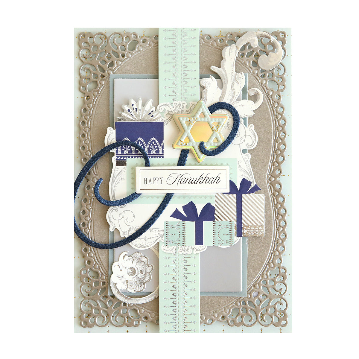 Celebrate the Festival of Lights with a decorative Hanukkah card adorned with a Star of David, menorah, and gift boxes—perfect for pairing with Hanukkah Card Toppers and Sentiments to add festive flair.